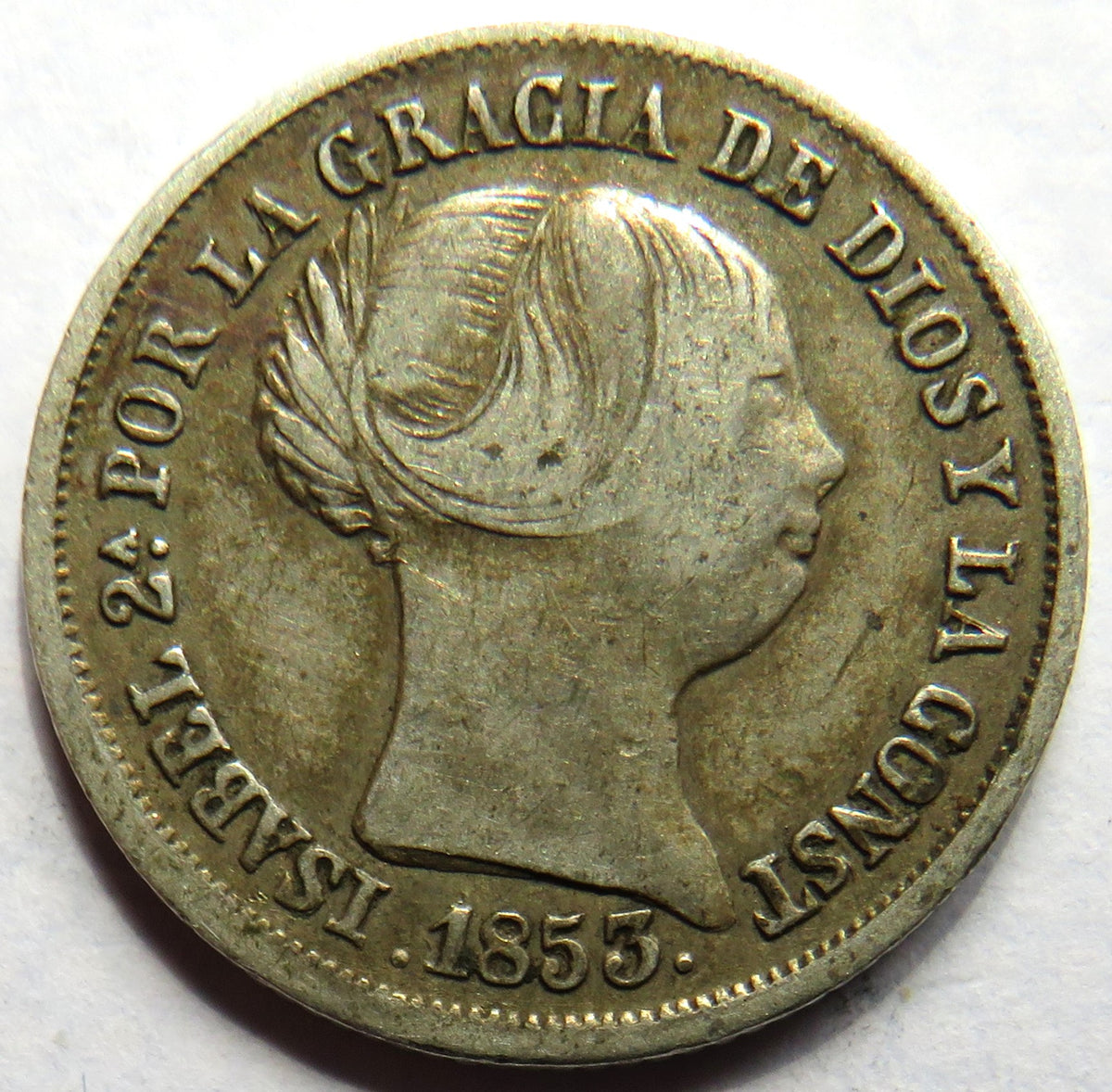 1853 Spain Silver 2 Reals Coin Isabella II image 2