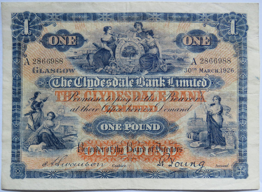 1926 The Clydesdale Bank Limited £1 One Pound Banknote