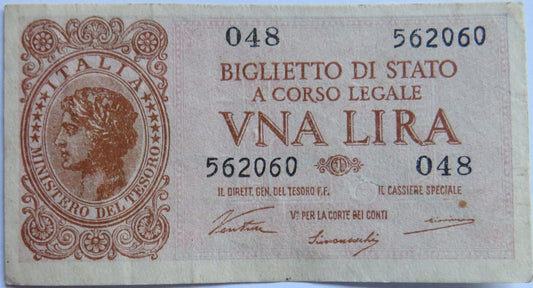 1944 Italy 1 Lira Banknote