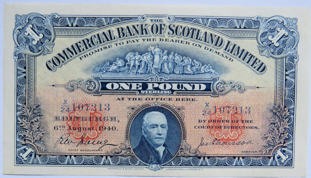 1940 Commercial Bank of Scotland £1 One Pound Banknote In High Grade