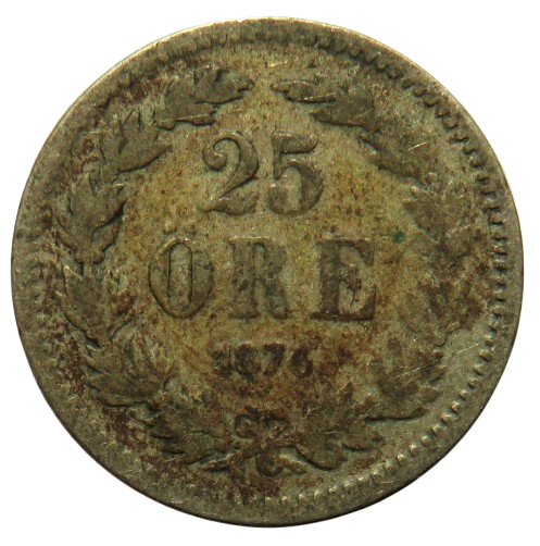 1876 Sweden Silver 25 Ore Coin