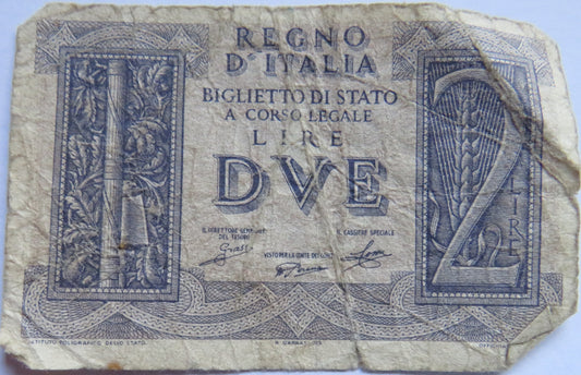 1939 Italy 2 Lire Banknote
