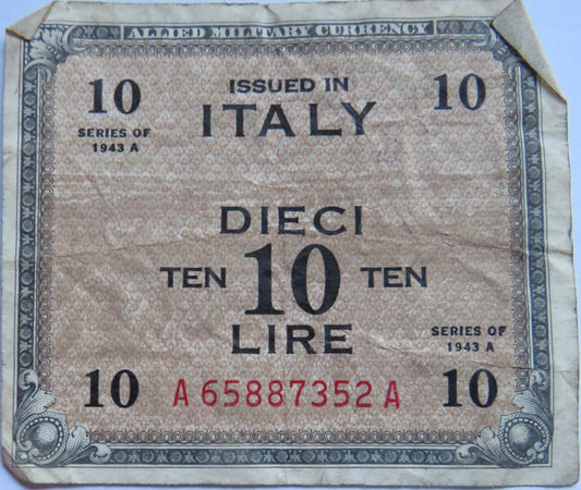 1943 Italy 10 Lire Banknote