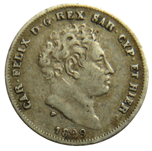 1829 Italian States Sardinia Silver 25 Centesimi Coin