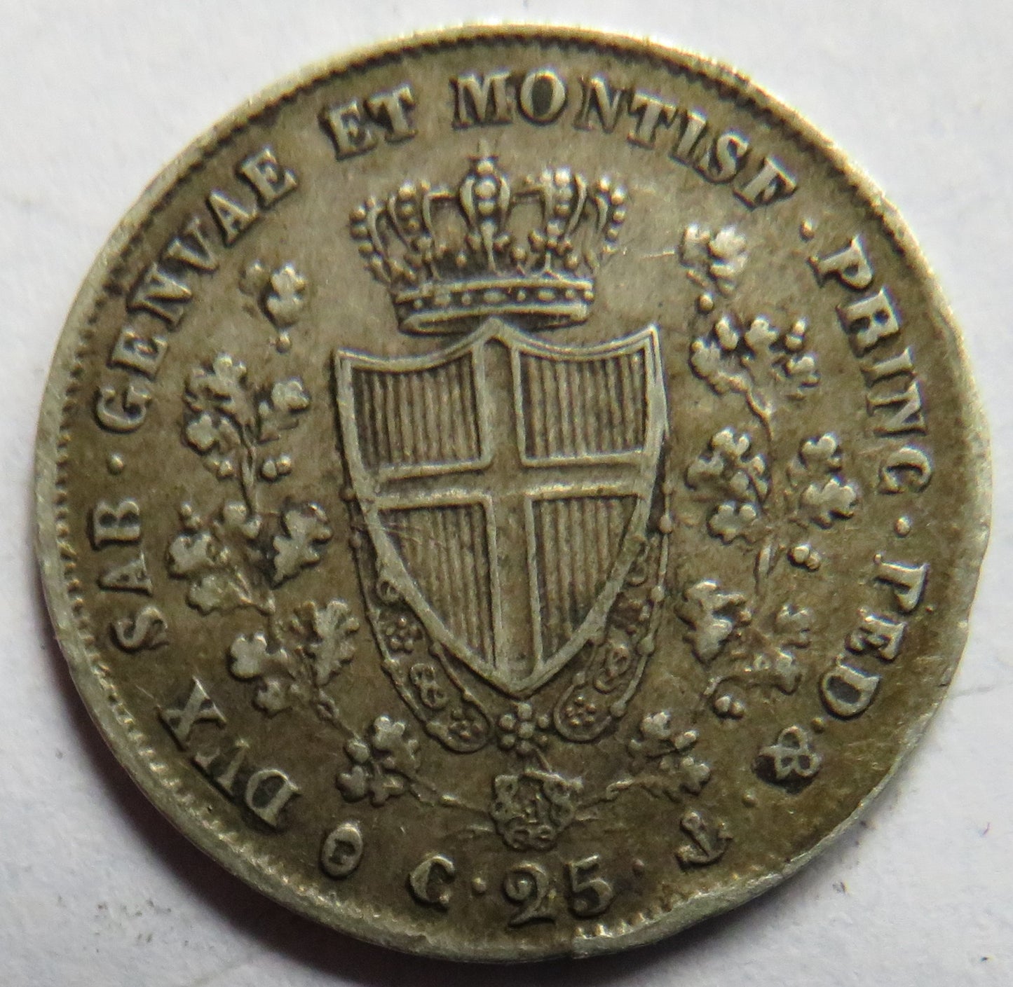 1829 Italian States Sardinia Silver 25 Centesimi Coin