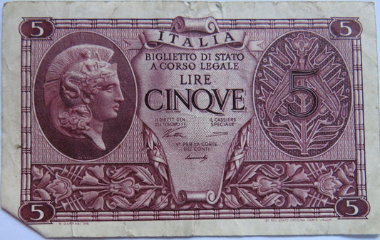1944 Italy 5 Lire Banknote