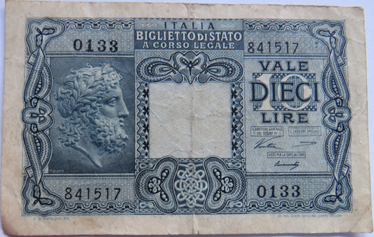 1944 Italy 10 Lire Banknote