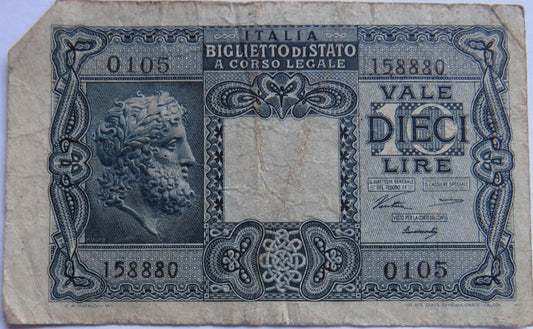 1944 Italy 10 Lire Banknote