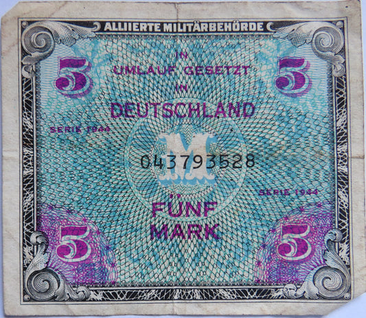 1944 Germany 5 Mark Banknote Allied Issue WWII