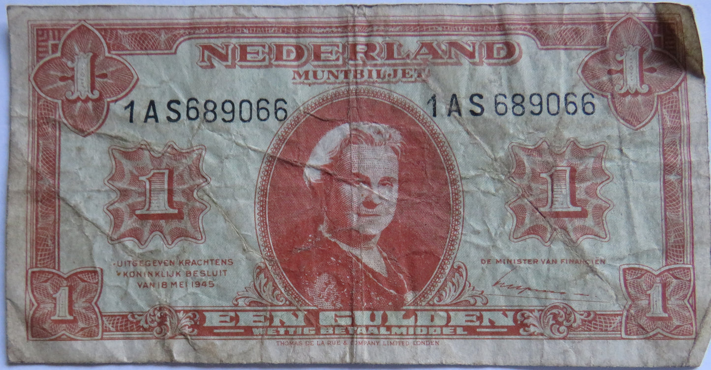 1945 Netherlands One Gulden Banknote