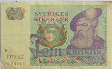 Load image into Gallery viewer, 1978 Sweden 5 Kronor Banknote
