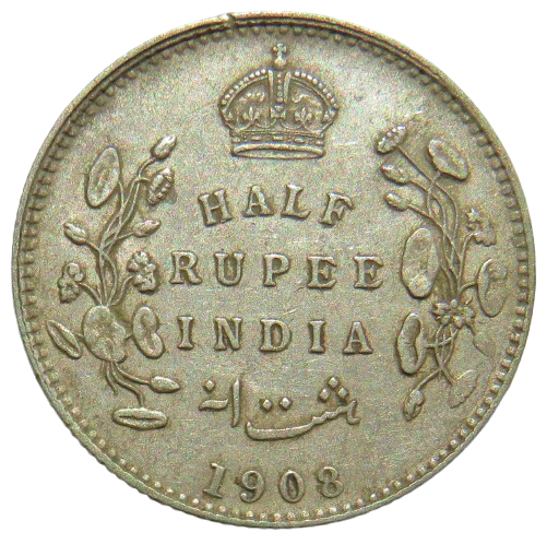 1908 King Edward VII India Silver 1/2 Rupee Coin