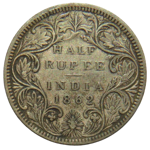 1862 Queen Victoria India Silver 1/2 Rupee Coin