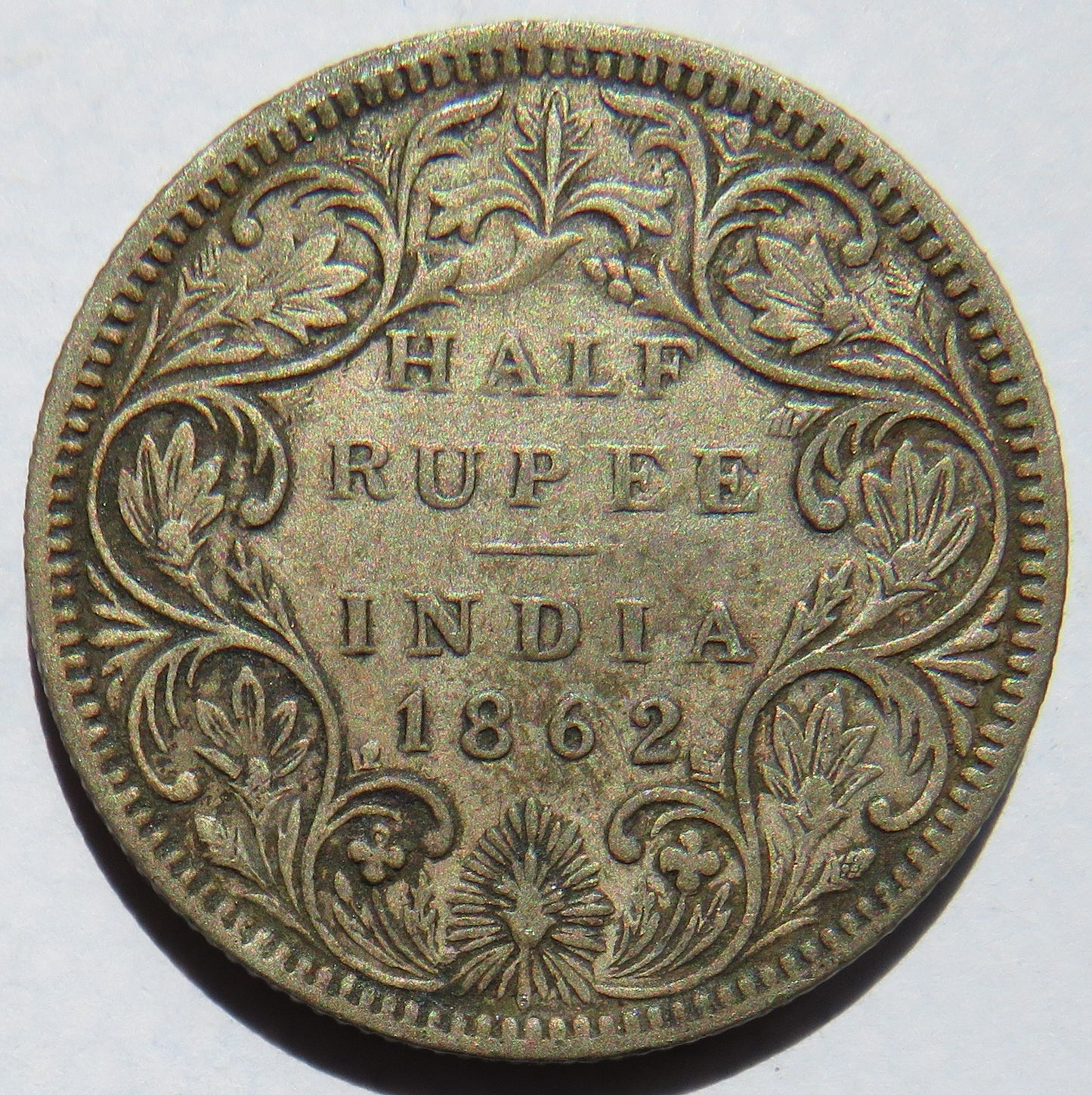 1862 Queen Victoria India Silver 1/2 Rupee Coin