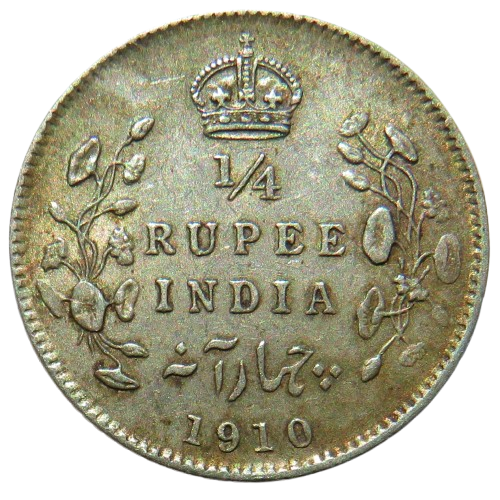 1910 King Edward VII India Silver 1/4 Rupee Coin