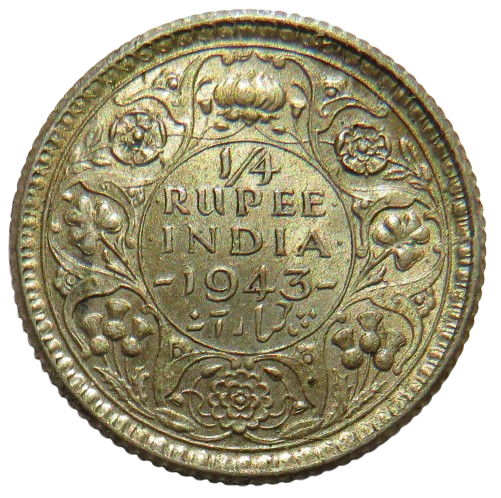 1943 King George VI India Silver 1/4 Rupee Coin