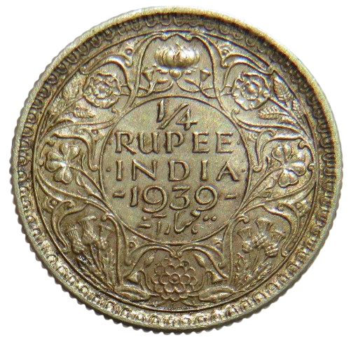 1939 King George VI India Silver 1/4 Rupee Coin
