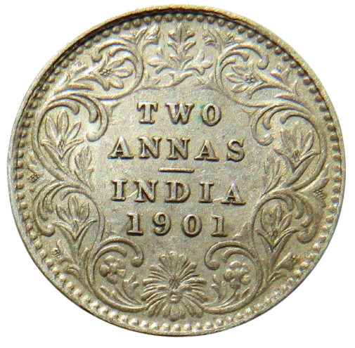 1901 Queen Victoria India Silver 2 Annas Coin