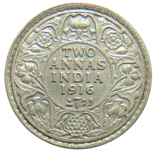 1916 King George V India Silver 2 Annas Coin