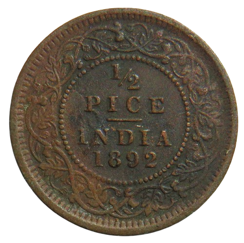 1892 Queen Victoria India 1/2 Pice Coin