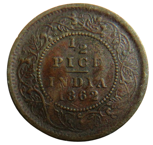 1862 Queen Victoria India 1/2 Pice Coin