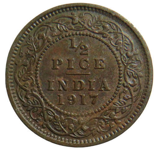 1917 King George V India 1/2 Pice Coin