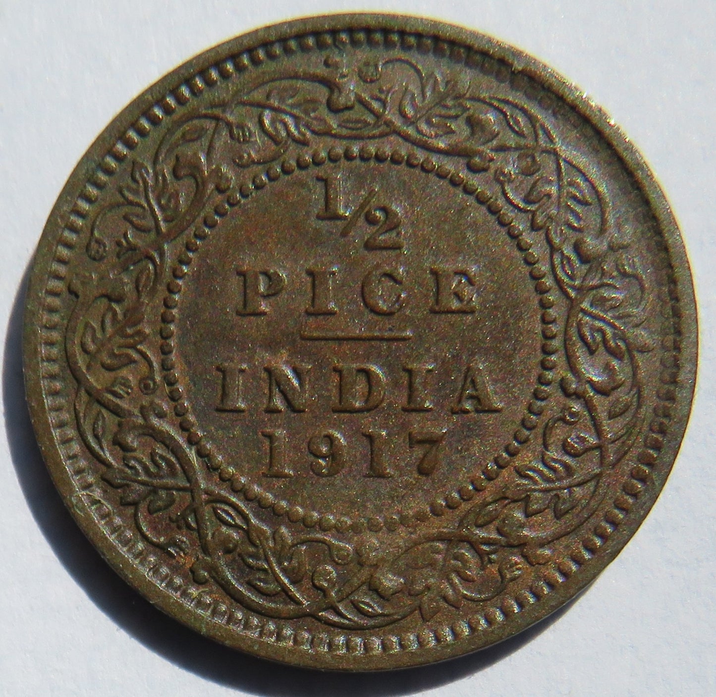 1917 King George V India 1/2 Pice Coin