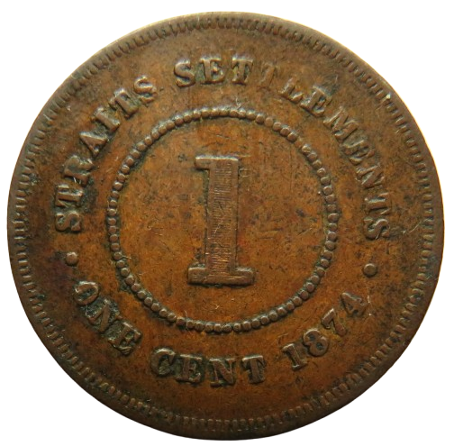1874 Queen Victoria Straits Settlements One Cent Coin