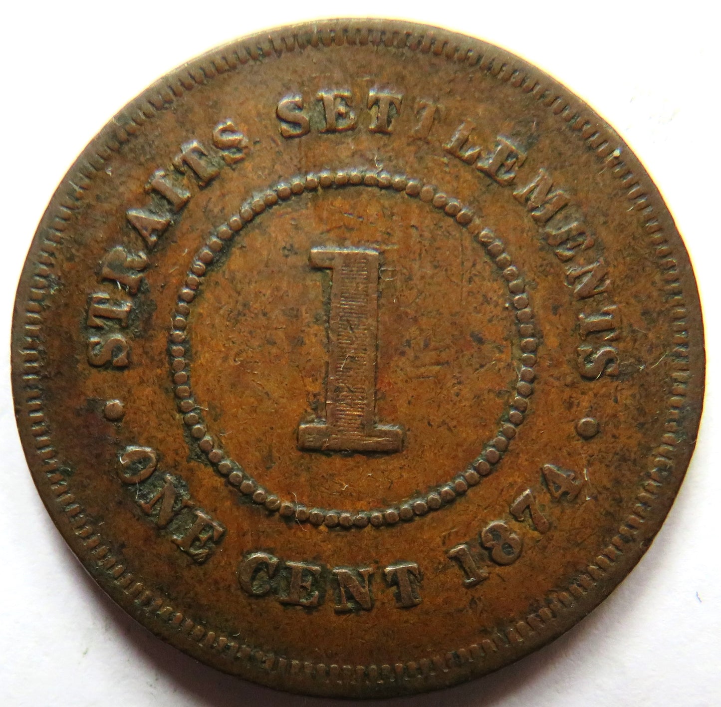 1874 Queen Victoria Straits Settlements One Cent Coin