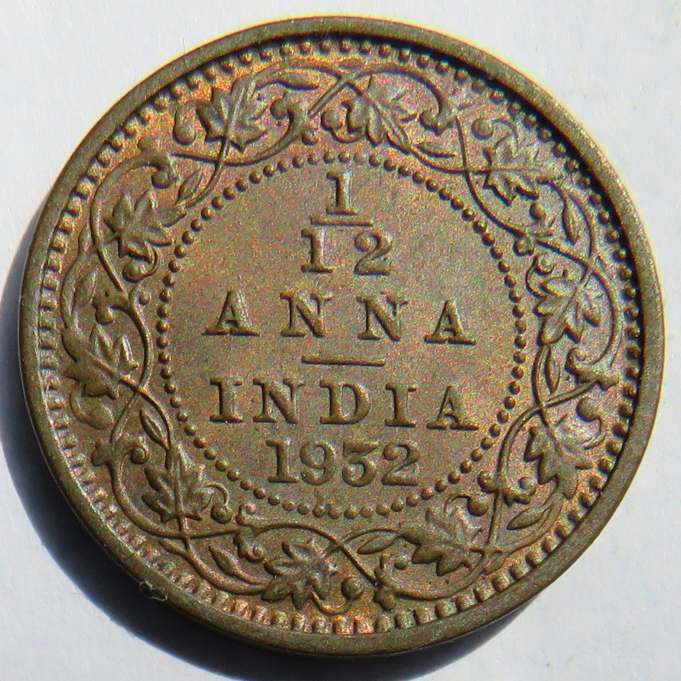1932 King George V India 1/12 Anna Coin