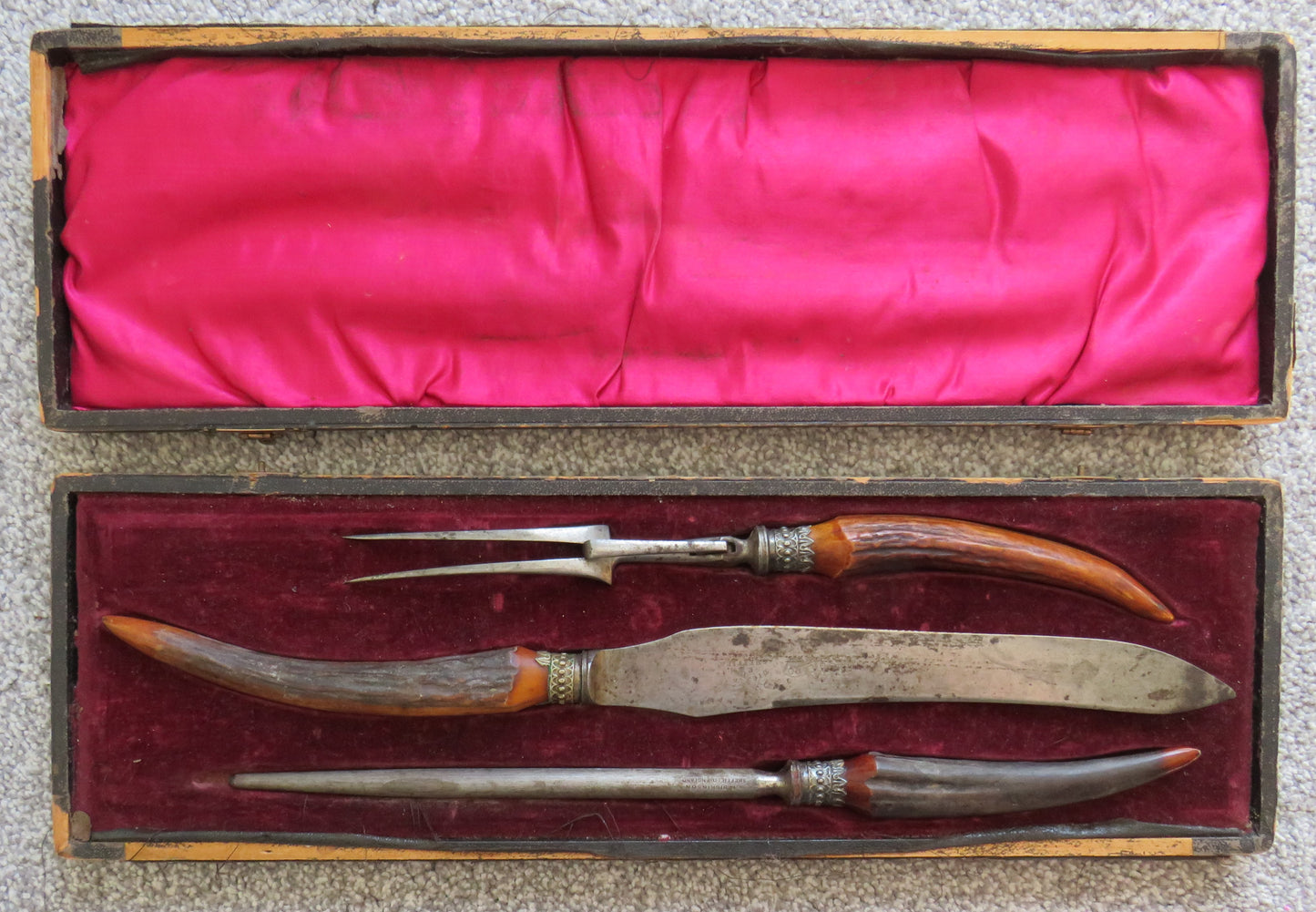 Antique Antler Handled Carving Set By L.M. Dickinson Sheffield