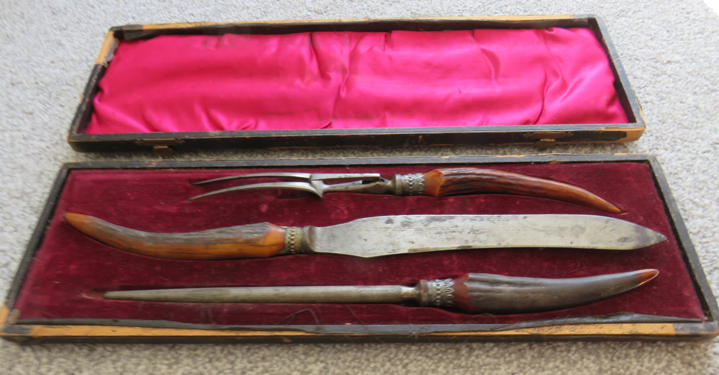 Antique Antler Handled Carving Set By L.M. Dickinson Sheffield