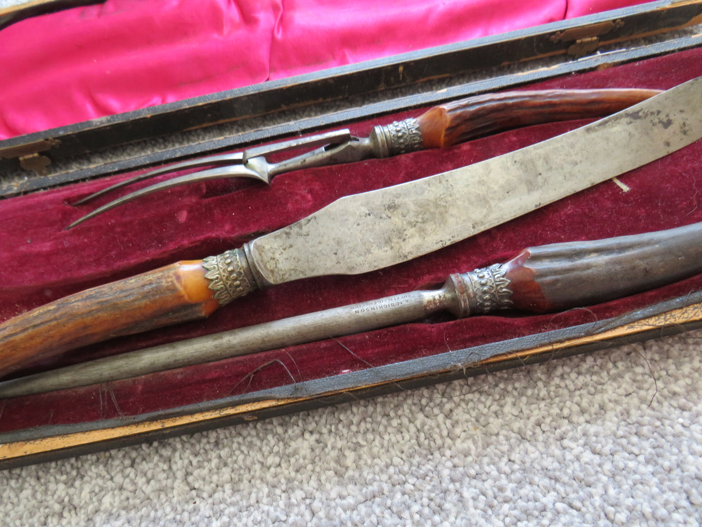 Antique Antler Handled Carving Set By L.M. Dickinson Sheffield
