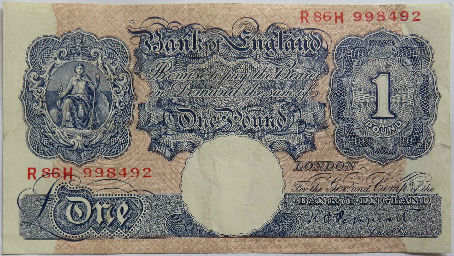 C.1940 Bank of England £1 One Pound Banknote K.O. Peppiatt R86H