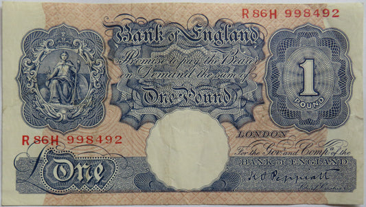 C.1940 Bank of England £1 One Pound Banknote K.O. Peppiatt R86H