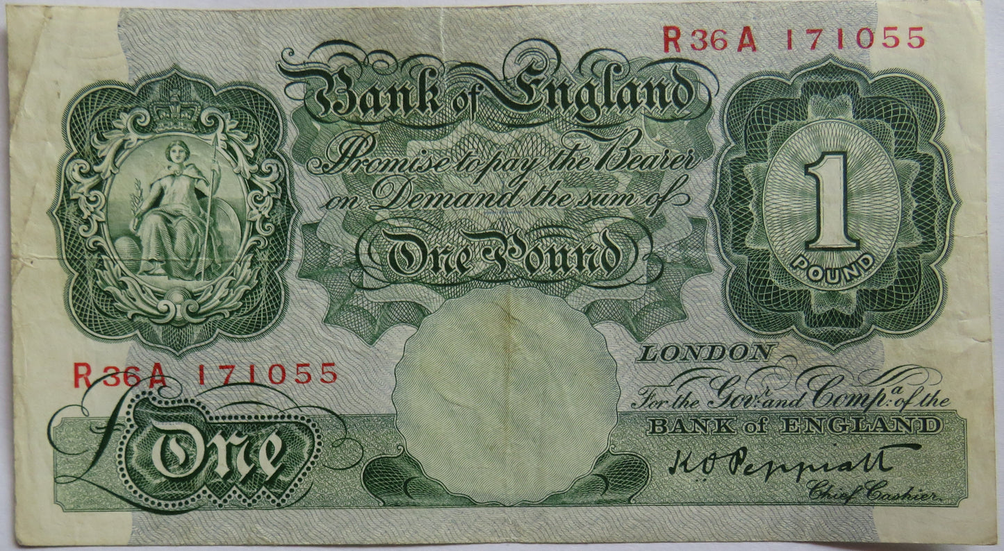C.1948 Bank of England £1 One Pound Banknote K.O. Peppiatt R36A