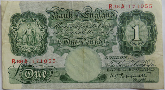 C.1948 Bank of England £1 One Pound Banknote K.O. Peppiatt R36A