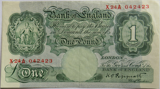 C.1948 Bank of England £1 One Pound Banknote K.O. Peppiatt X24A