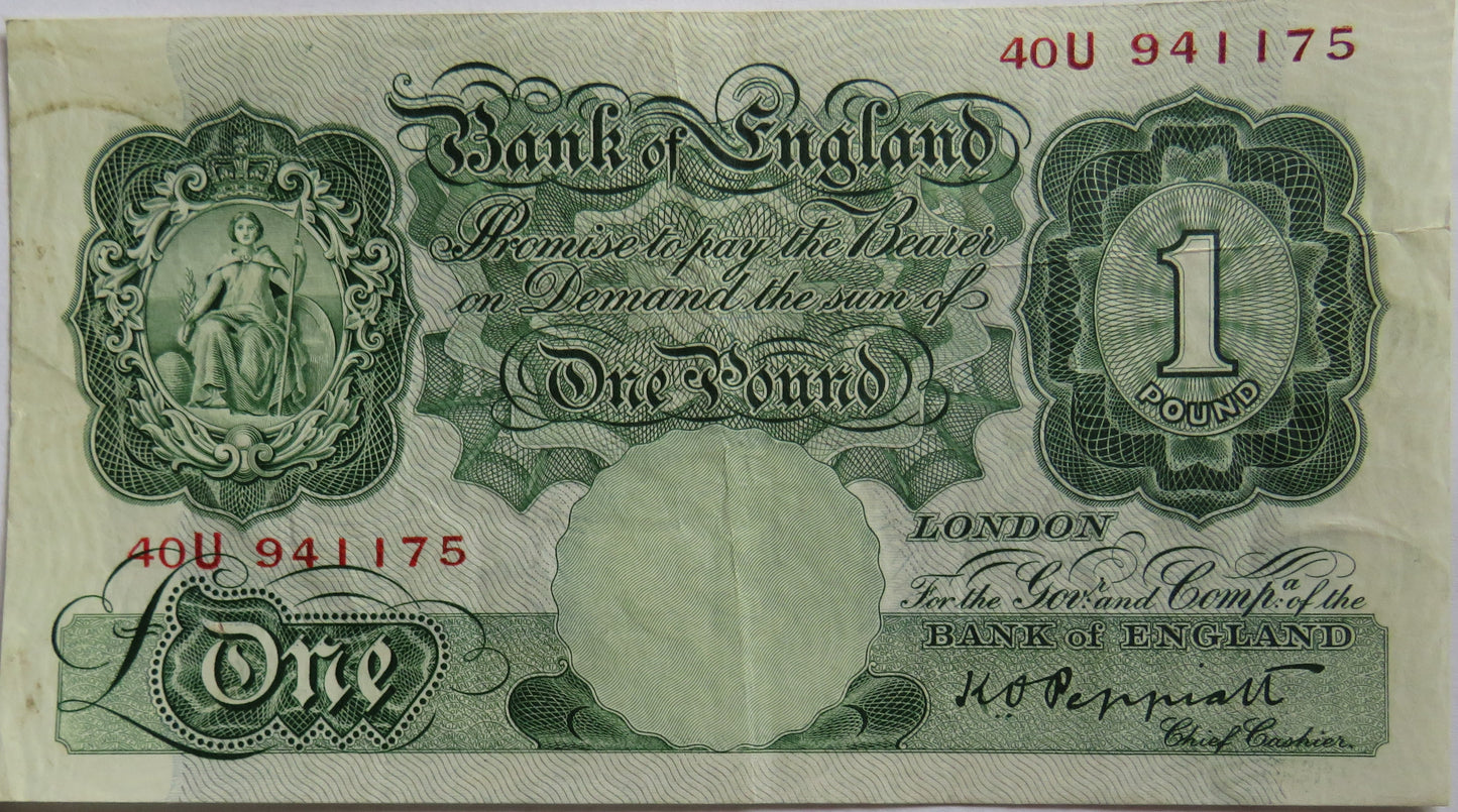 C.1934 Bank of England £1 One Pound Banknote K.O. Peppiatt 40U
