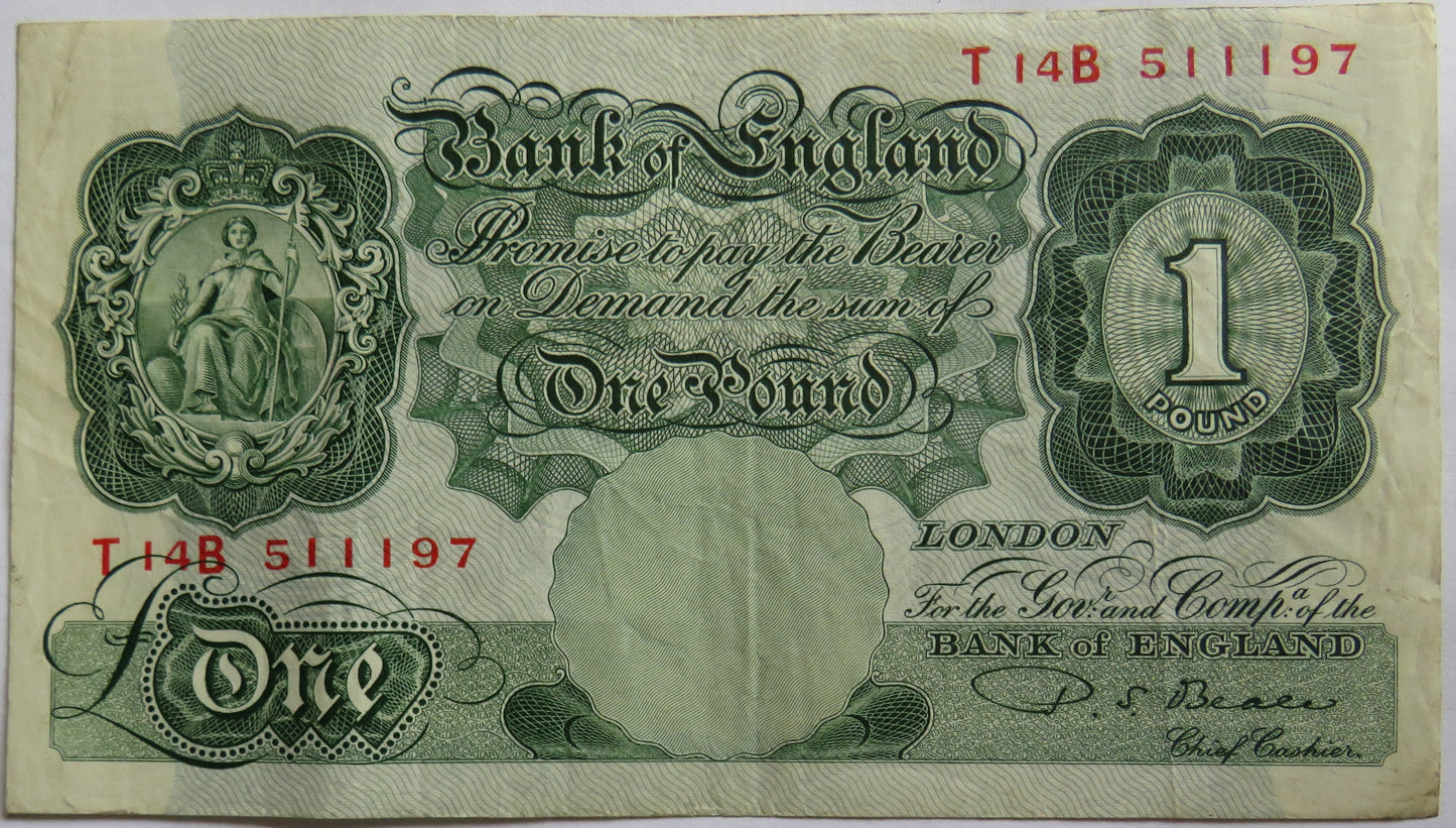 C.1950 Bank of England £1 One Pound Banknote P.S.Beale T14B