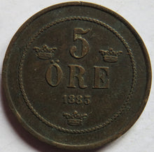 Load image into Gallery viewer, 1883 Sweden 5 Ore Coin
