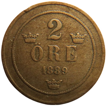 Load image into Gallery viewer, 1889 Sweden 2 Ore Coin
