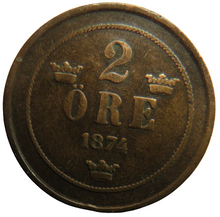 Load image into Gallery viewer, 1874 Sweden 2 Ore Coin
