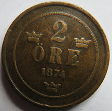 Load image into Gallery viewer, 1874 Sweden 2 Ore Coin
