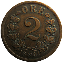 Load image into Gallery viewer, 1891 Norway 2 Ore Coin
