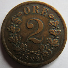 Load image into Gallery viewer, 1891 Norway 2 Ore Coin
