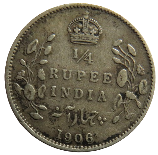 1906 King Edward VII India Silver 1/4 Rupee Coin