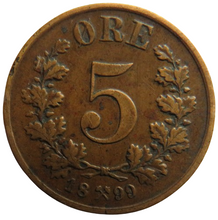 Load image into Gallery viewer, 1899 Norway 5 Ore Coin
