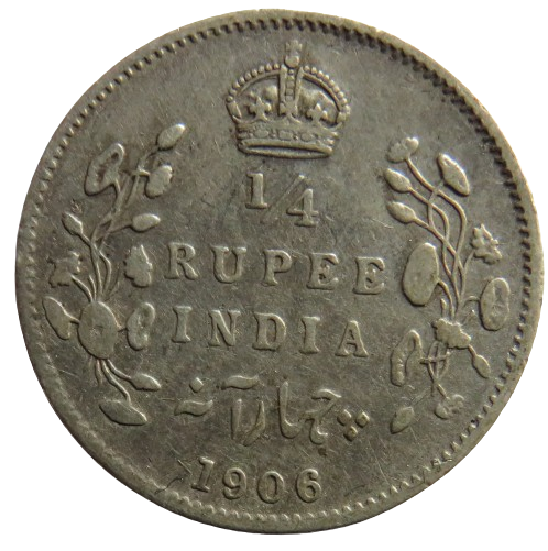 1906 King Edward VII India Silver 1/4 Rupee Coin