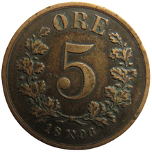 Load image into Gallery viewer, 1896 Norway 5 Ore Coin
